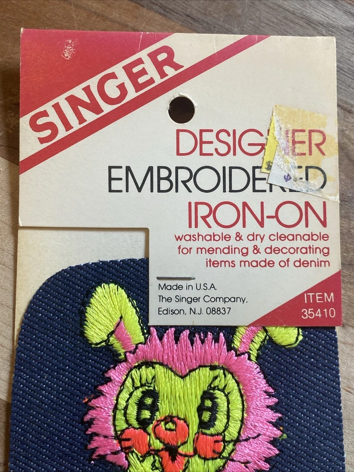 Vintage Singer Designer Embroidered Iron-On Denim Patch Neon Bunny - Image 3 of 4