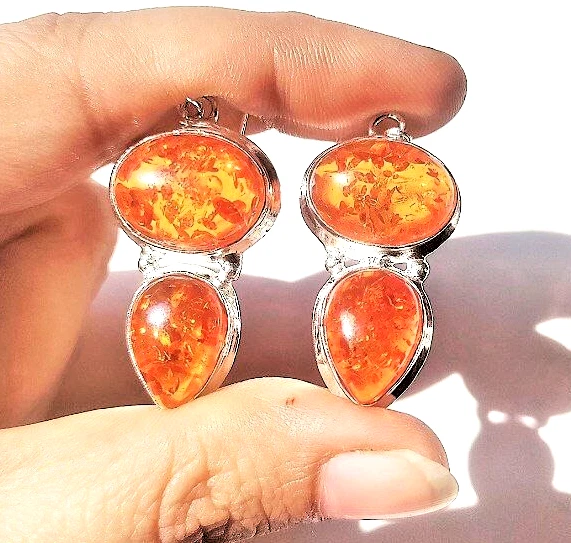 Pendientes de joyería hechos a mano de plata de ley 925 con piedras preciosas de ámbar báltico (creados en laboratorio) Foto 3 de 4