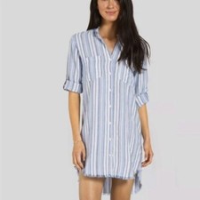 Anthropologie Cloth Stone Shirt Dress Blue Stripe Linen Blend Button Front Large