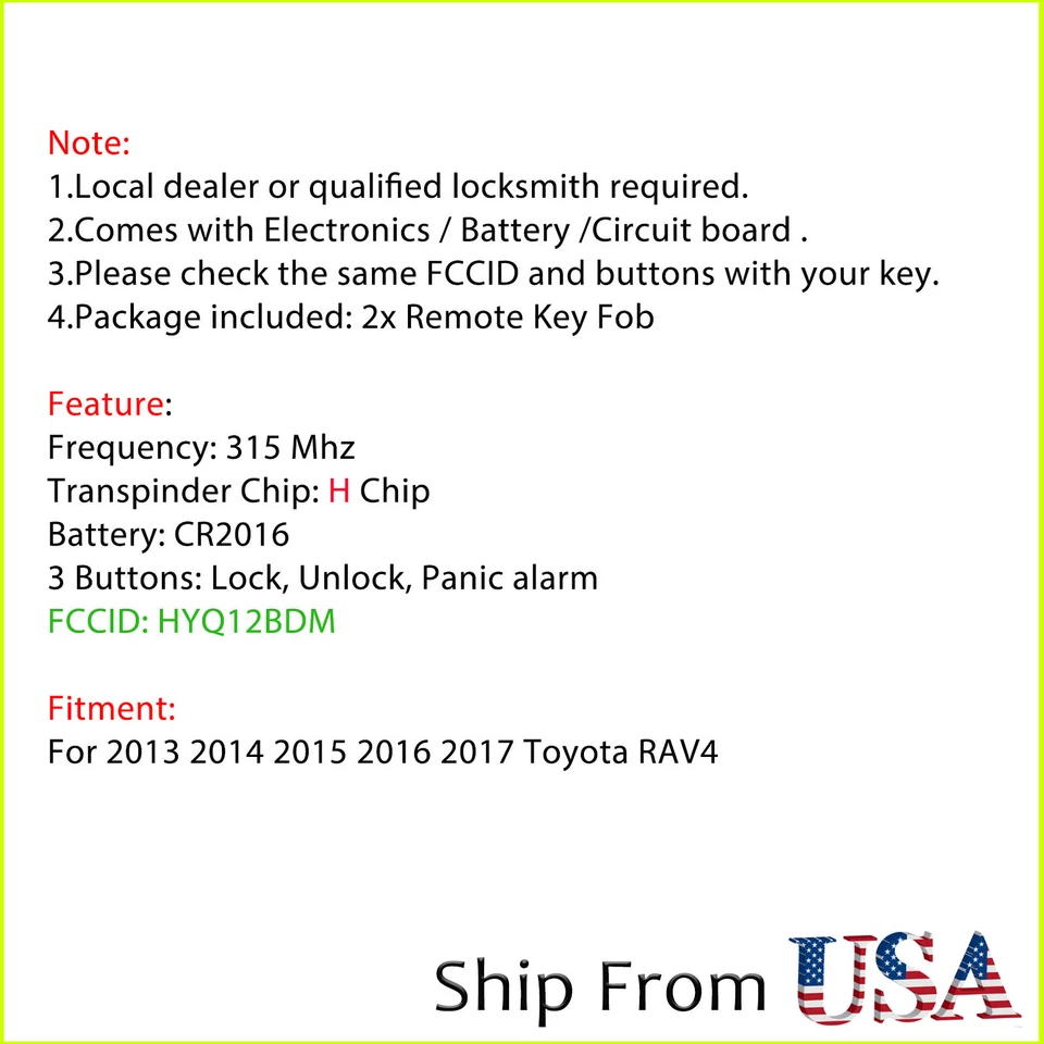 2 para Toyota RAV4 2013 2014 2015 2016 2017 entrada sin llave mando a distancia llavero chip H Foto 2 de 4