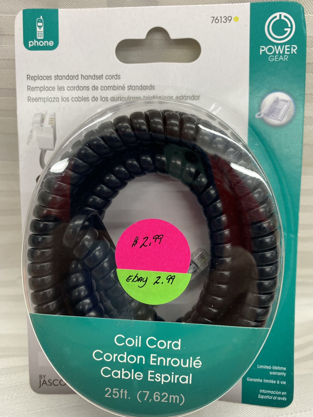 Jasco phone cable - for 25 ft black ge 76139 jas76139 for sale  