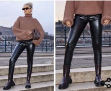 New prettylittlething Black Faux Leather High Waisted Leggings size 4