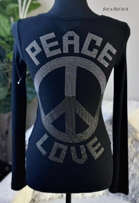 USA New VOCAL Womens CRYSTAL BLACK HIPPIE PEACE SIGN LONG SLEEVE S Small