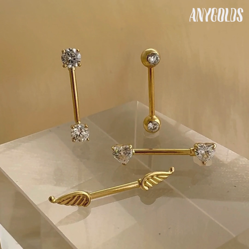 14K massives Gold CZ gerade Barbell Augenbraue Brustwarze Zunge Körper Piercing 14 Stärke - Video 1 von 1