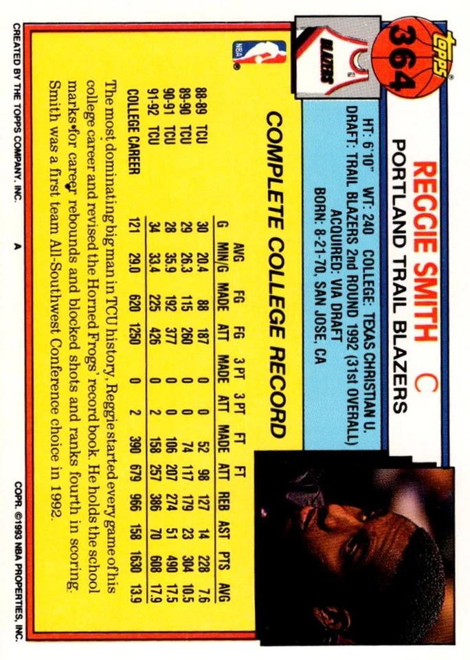 1992-93 Topps Gold Reggie Smith Portland Trail Blazers #364 - Image 2 of 2