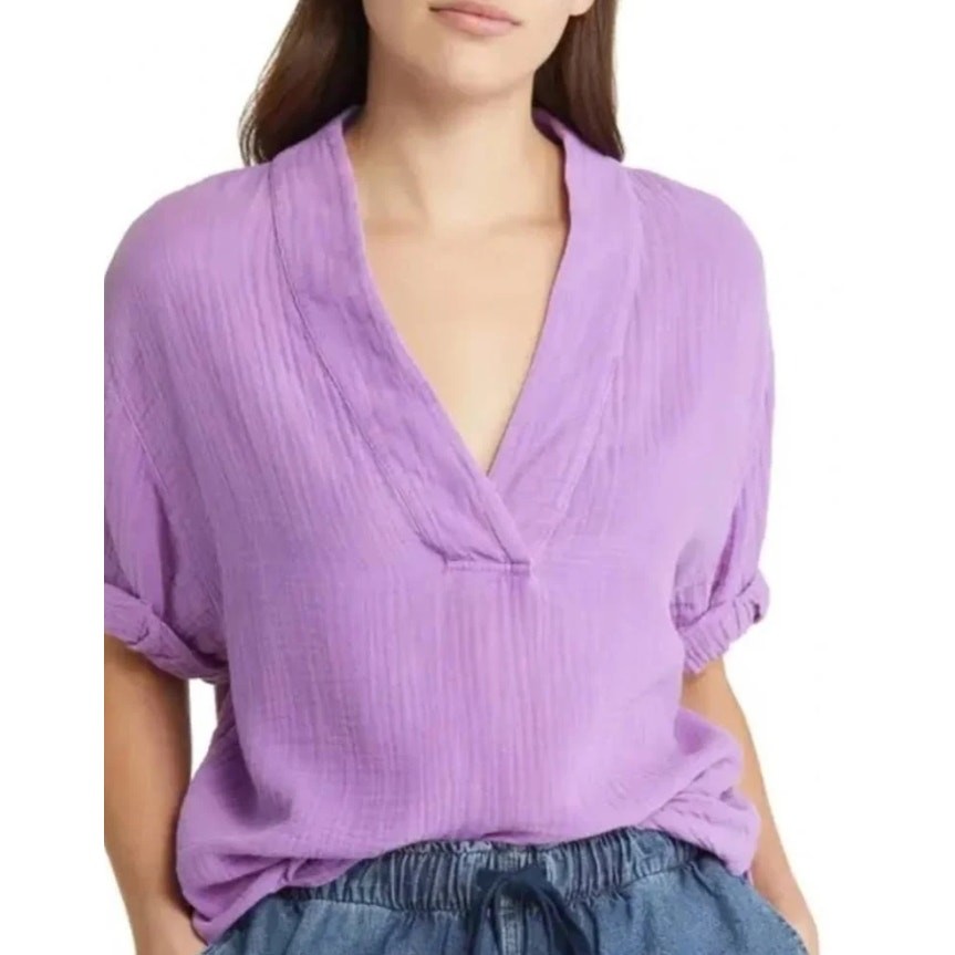 Xirena Purple Avery Gauze Popover Short Sleeve Blouse Cotton Minimalist Medium