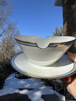 Rosenthal Germany Gala Blue Sauce Gravy Boat Attached Underplate Gold Blue Bands