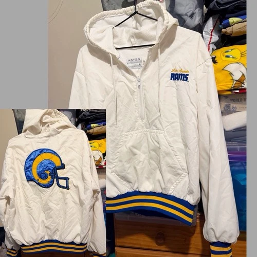 VINTAGE 90s Los Angeles Rams NFL Hoodie 1/4 Zip Nylon Fleece ARTEX USA - LARGE