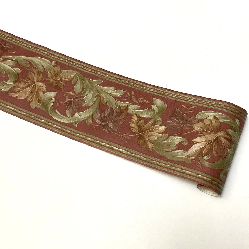 维多利亚红色常春藤叶金色绿色卷轴丝绸缎壁纸边框 5.75 W — 第 2/4 张图片