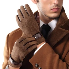 Herringbone Tweed Gloves for Men Touchscreen Winter Warm Lined Large Brown