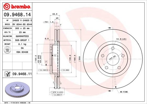 Disque de frein avant ventilé 09.9468.11 pour remplacement auto Ford Volvo