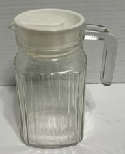 Vintage ARC France Clear Glass Ribbed Refrigerator Pitcher w/Handle 6.25”