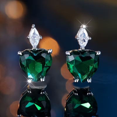 Heart Earrings for Her Valentine's Day 14K White Gold Plated Lab Created Emerald