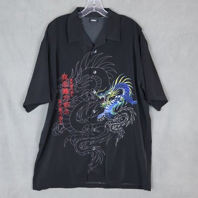 VTG Amplify Dragon Shirt Mens XL Black Japanese Print Camp Collar Button Up 90s