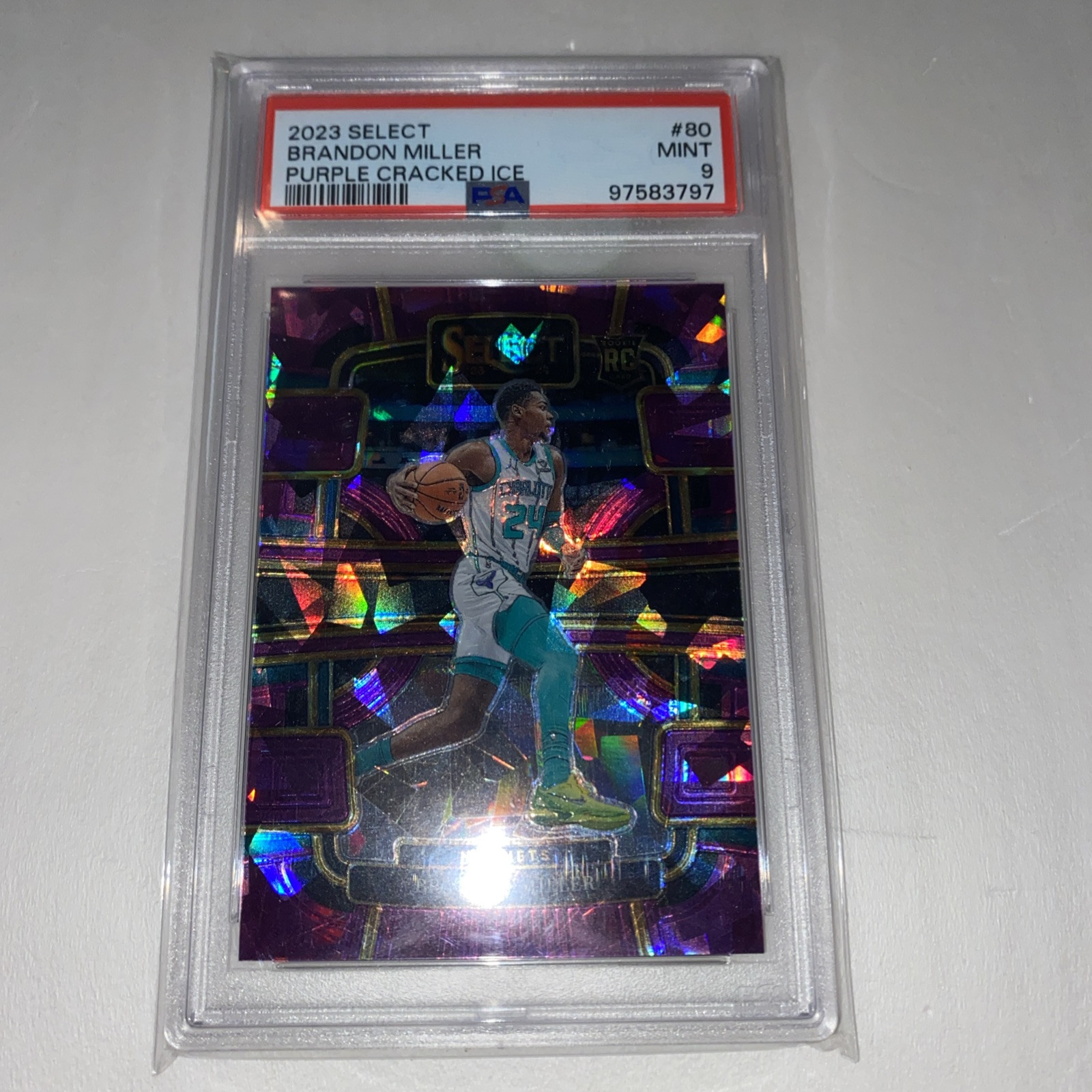 2023-24 Panini Select Purple Cracked Ice Prizm #80 Brandon Miller RC /99 PSA 9