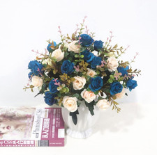 4pz Bouquet di Fiori Artificiali Rose Finte per Decorazioni e Cimitero,Blu Rosso