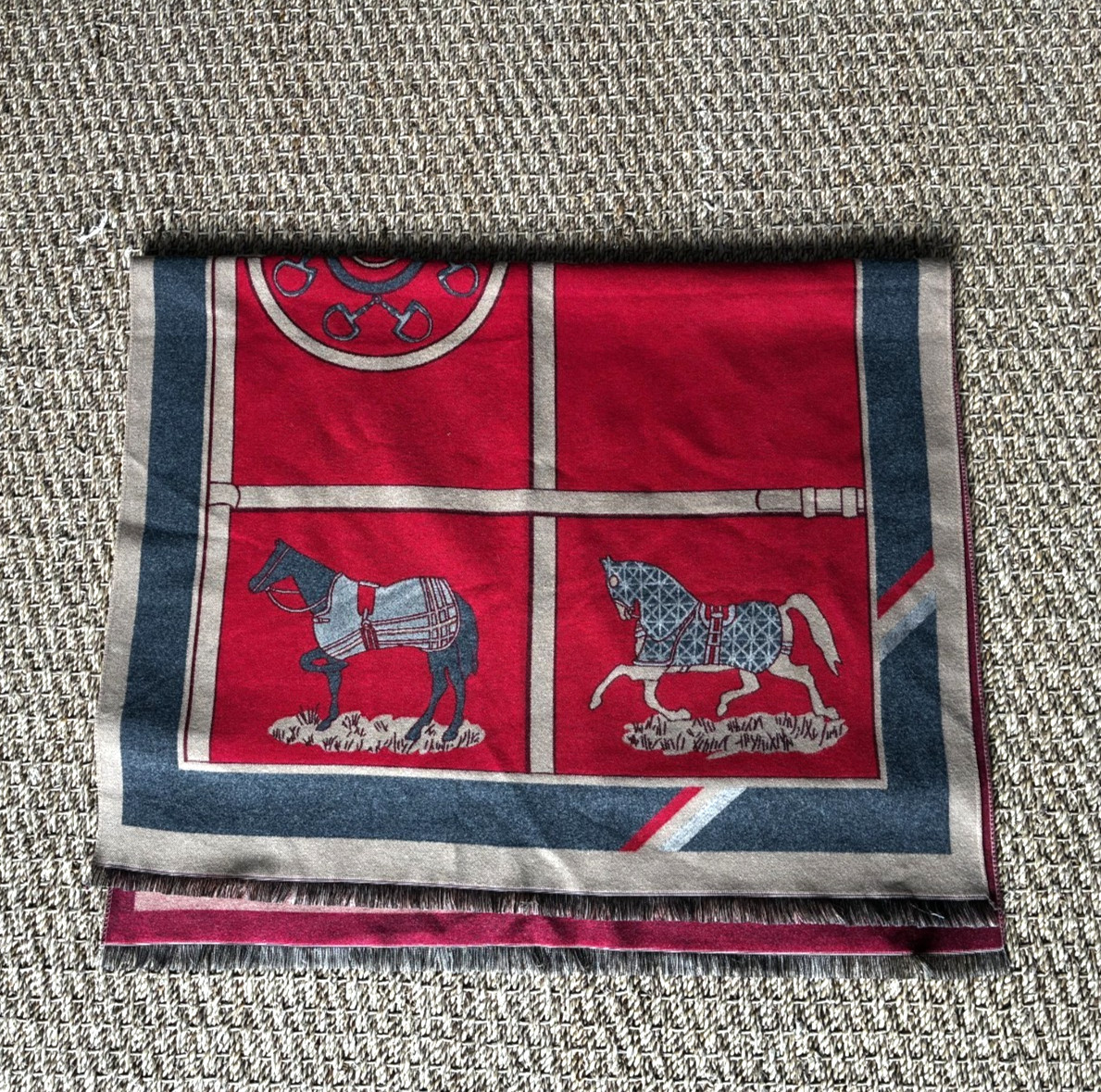 Elegant red patterned scarf featuring an equestri… - image 3