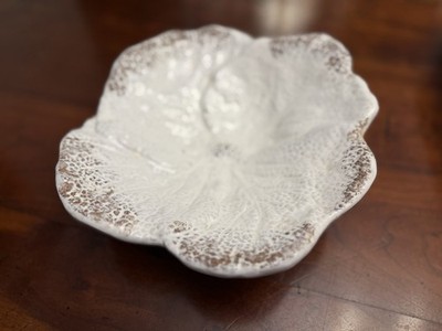 Vintage White Majolica Cabbage Leaf Serving Bowl Textured Ruffled Brown Trim