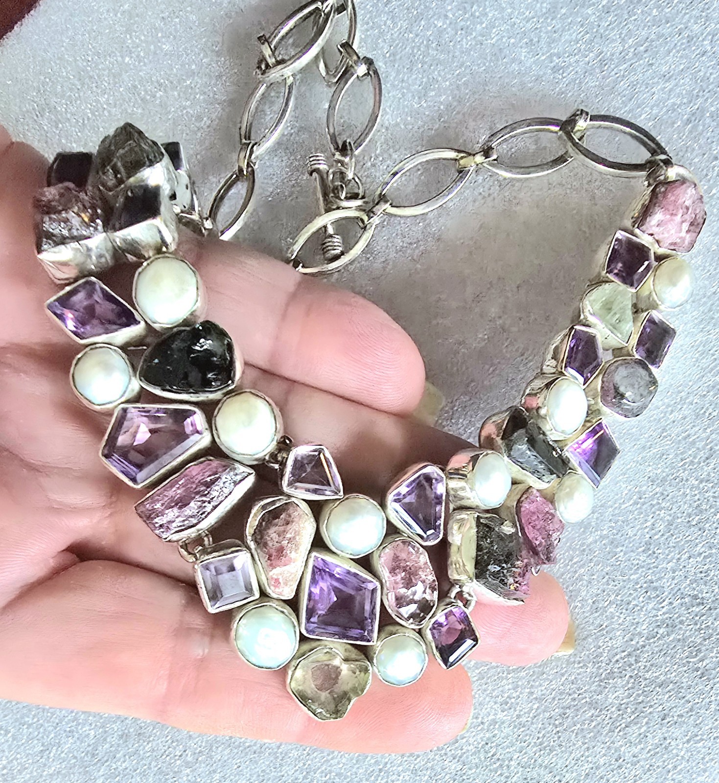 Multi Gemstone Bib Statement Necklace Amethyst Pe… - image 11