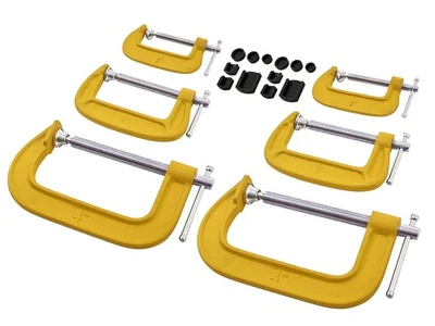 POWERTIME ONLINE 6pc G-Clamp Set 2" 3" 4" c/w Soft Jaw Pads 50mm 75mm 100mm G Clamps 5yr Warranty
