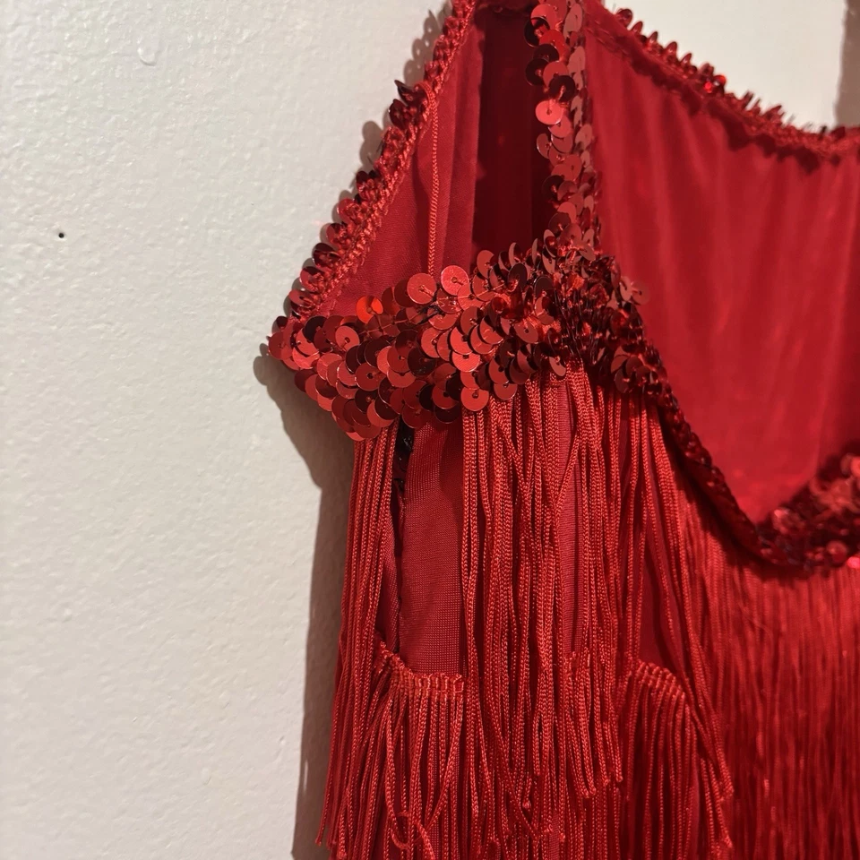 Red Fringe Flapper Costume Dress Small Stretchy Sequins 1920s Halloween Gatsby - Image 3 of 4
