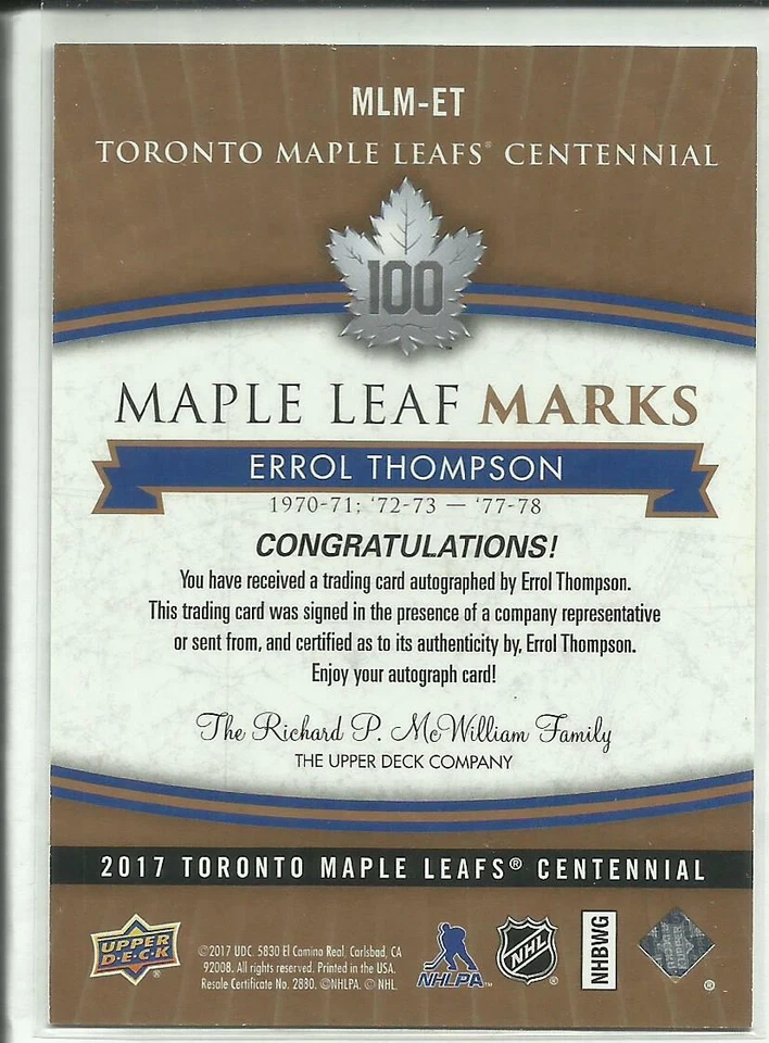2017 Upper Deck Toronto Maple Leafs Centennial Autographs #MLM-ET Errol Thompson - Image 2 of 2