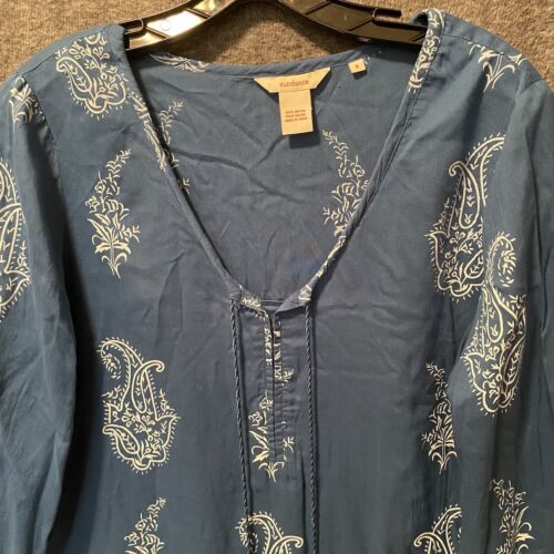 Sundance Top Damen klein blau Paisley Blumen Kontrast Saum Quaste Krawatte Boho Bluse - Bild 3 von 8