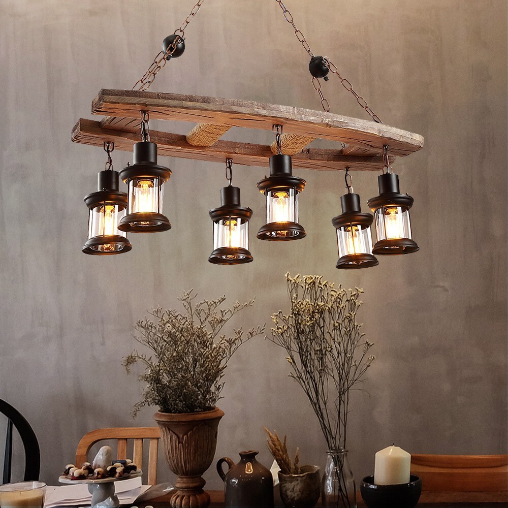 Vintage Wooden Chandelier 6-Light Hanging Ceiling Lamp Pendant Light Fixtures