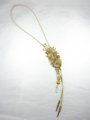 Handmade Signed 3D Bolo Tie Necklace Aurora Borealis AB Beaded White Gold Fish? - Picture 6 of 8