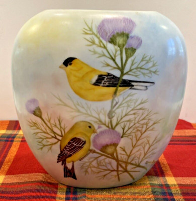 Handpainted China Vase By Lorie Bramley  - Yellow Finches - 7.5 x7  - VINTAGE