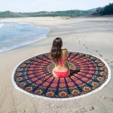 Peacock Mandala Beach Roundie Towel Round Tapestry Picnic Mat Cotton 72" inches