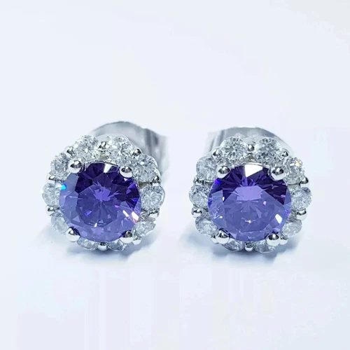 2Ct Round Lab-Created Amethyst Halo Stud Woman Earrings 14K White Gold Plated