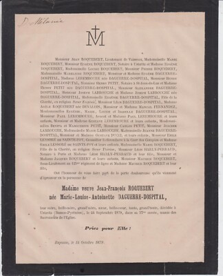 1879 Sterbeurkunde Frau Jean-François ROQUEBERT geboren Louise DAGUERRE-DOSPITAL.