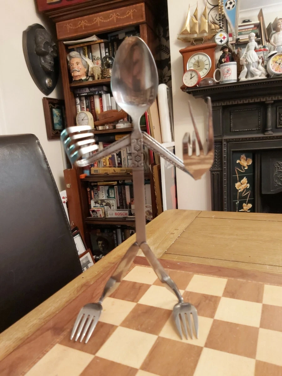 Novelty Ornament Metal Fork Spoon Man Cutlery Art Sculpture 2 Finger Salute