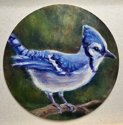 Blue Jay Bird Oil Painting Original Maine Nature Wall Art 6  Round Wall Decor