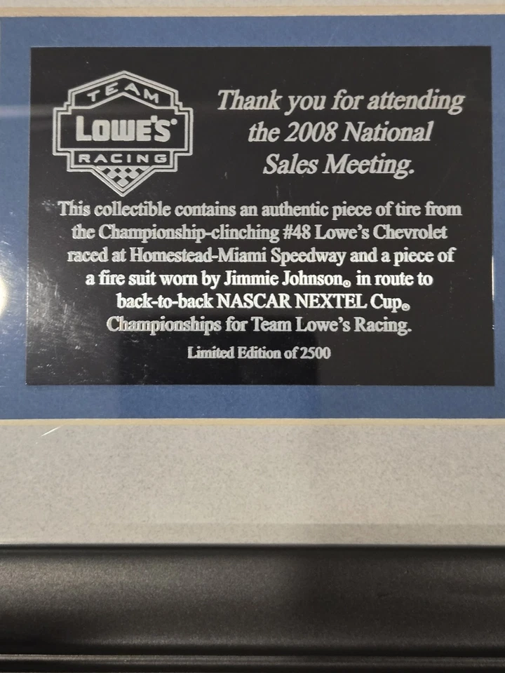 Placa de campeonato de empleados Lowes 2007 Jimmie Johnson 1 de 2500. Foto 2 de 3