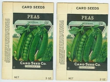 2 Early 1900s Peas Vegetable Seed Packets, Card Seed Company, Fredonia, New York
