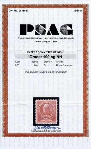 US 870 UNUSED OG MNH 2C MARK HOPKINS, EDUCATOR,1940, 2021 PSAG CERT GRADED 100 - Picture 3 of 3