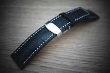 20mm Black Crocodile Leather Watch Strap Watch Band On Deployment Buckle