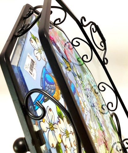 AMIA "Blue Skies" Stained Glass DISPLAY TRAY Wrought Iron Stand Birds Butterfly - Picture 9 of 19