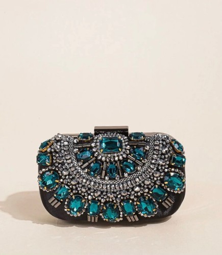Women's Clutch Evening Bag Purse New Black/Turquoise - Picture 9 of 18