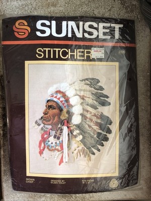 Vtg Sunset Stitchery kit INDIAN CHIEF needlepoint 16x20 1977 #2220 New Open Box
