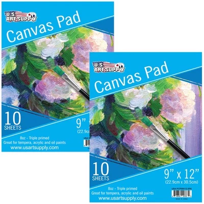 U.S. ART SUPPLY 9" x 12" 10-Sheet 8-Ounce Triple Primed Acid-Free Canvas Paper Pad (2 Pads)