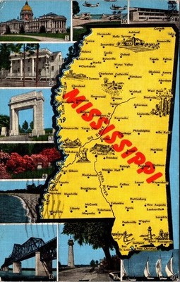 Vintage Mississippi Topographical Postcard Map Key Scenic Views 1945