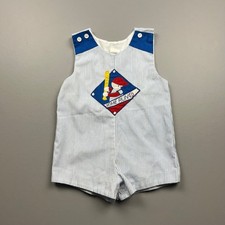 Vintage Shortall Kids 24 Months Blue Pinstripe Baseball Home Run Applique