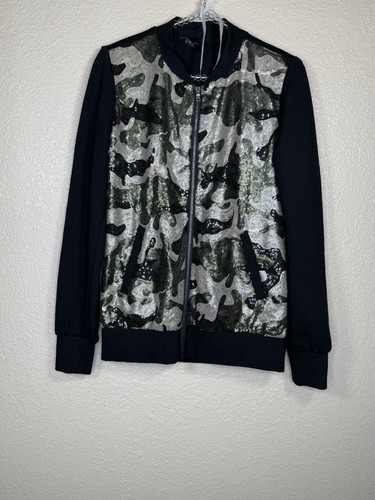 Selen Pailletten Camouflage Bomberjacke Gr. 1 Reißverschluss vorne schwarz grün Statement Mantel - Bild 1 von 5