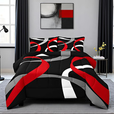 Red Grey Black Comforter Set King Size,Geometric Striped Quilt Set Abstract Arti