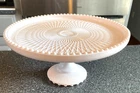 Vintage Jeanette Shell Pink Milk Glass CAKE STAND Pedestal Plate Beaded Edge 10"