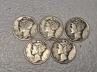 Mercury Silver Dimes Lot X 5 - F-XF / Fine-Extra Fine 90% Silver Ungraded