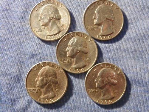 Lot of 5 - 1964 Washington Silver Quarters AU Circulated -  3-p & 2d AS10